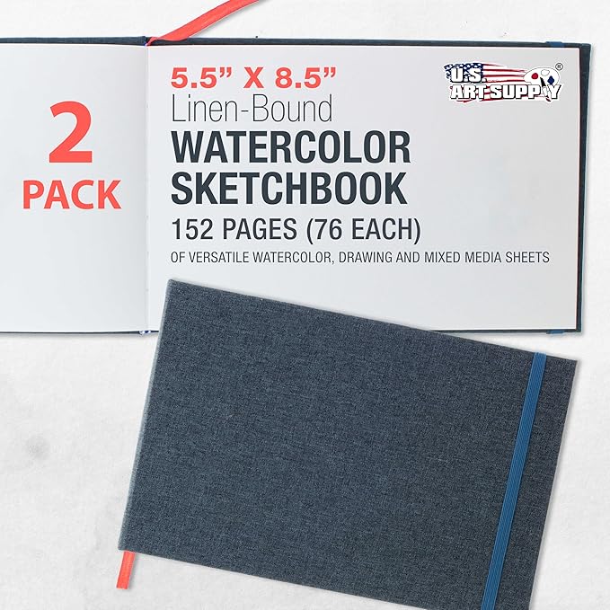 U.S. Art Supply 5.5" x 8.5" Watercolor Book (2 Pack, 76 Sheets Each) - 110lb (230 GSM) Linen-Bound Hardcover Artist Paper Pads - Acid-Free Cold-Pressed Watercolor Paper Pad Mixed Media