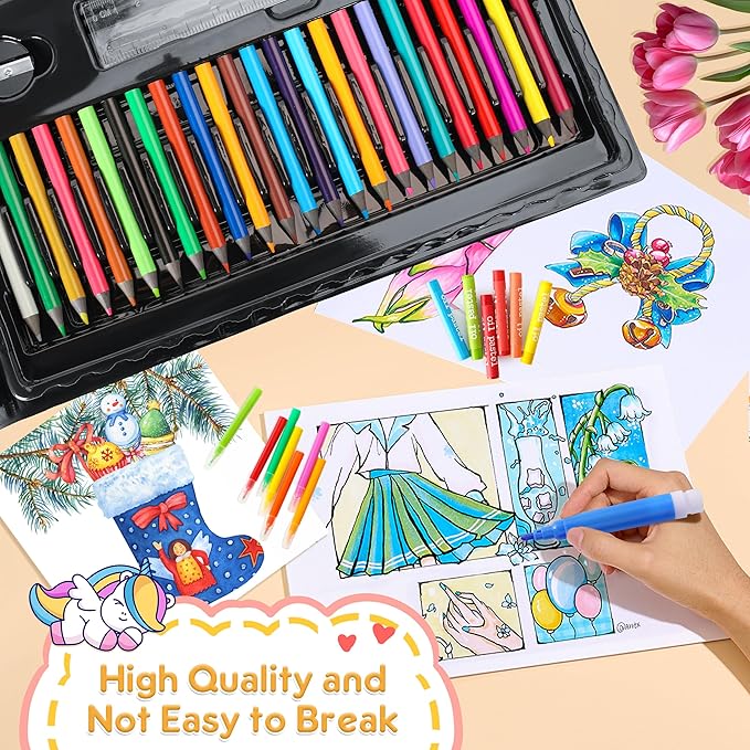 Art Supplies 332 Piece Drawing Art Kit Gifts for Girls Boys Kids Teens Gifts Art Set Case with Double Sided Trifold Easel, Stickers, Sketch Paper, Coloring Book, Pastels, Crayons, Pencils (Black)