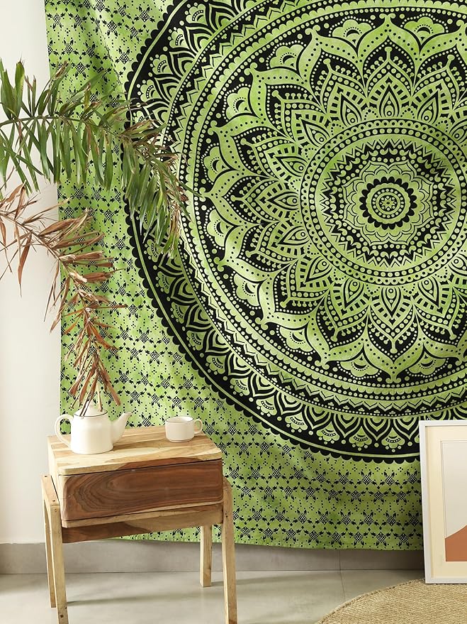 popular handicrafts queen mandala hippie tie dye psychedelic ombre tapestry wall hanging - indian maditation gypsy bohemian hippy dorm room decor green 81x88 inch