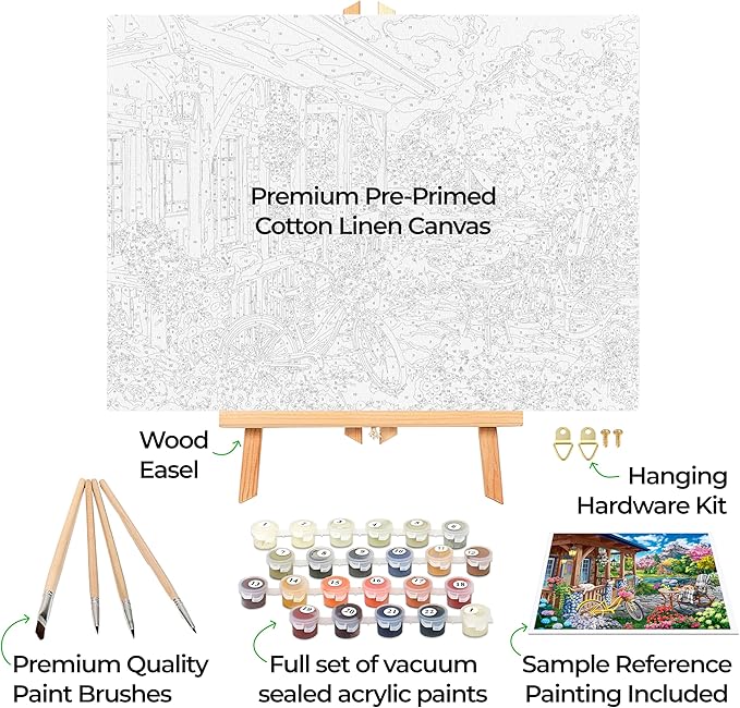 Ledgebay DIY Paint by Numbers Kit for Adults Framed Canvas Beginner to Advanced Paint by Numbers Kit Kits Include Acrylic Paint set Brushes Tabletop Easel (Colorful House Near The Lake 16"x20" Framed)