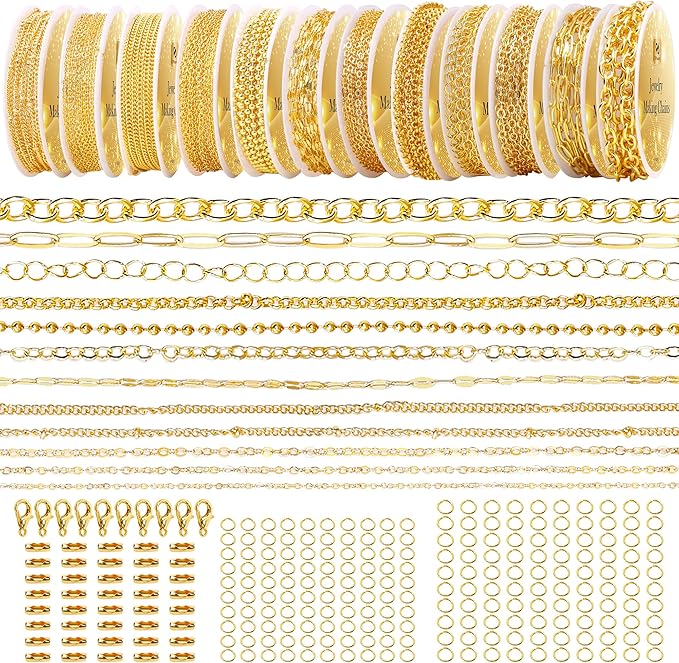 PP OPOUNT Gold Necklace Chains for Jewelry Making, 94.8 Feet 12 Rolls Chain for Jewelry Making DIY Necklace Bracelet Belt Earrings with Open Jump Rings & Lobster Clasps