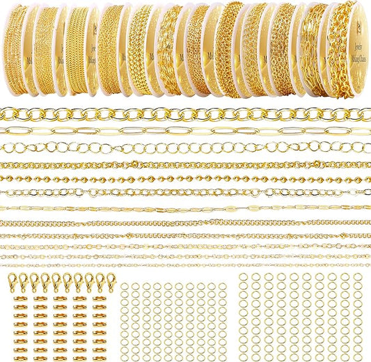 PP OPOUNT Gold Necklace Chains for Jewelry Making, 94.8 Feet 12 Rolls Chain for Jewelry Making DIY Necklace Bracelet Belt Earrings with Open Jump Rings & Lobster Clasps