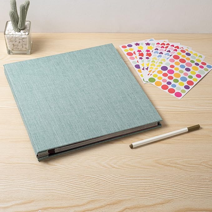 Large Photo Album Self Adhesive 4x6 8x10 10x12 13"x12.6" Scrapbook Album 12.6"x11" Inch 60 Black Sticky Pages Linen Cover Magnetic Photo Album with A Metallic Pen and DIY Stickers(Green)