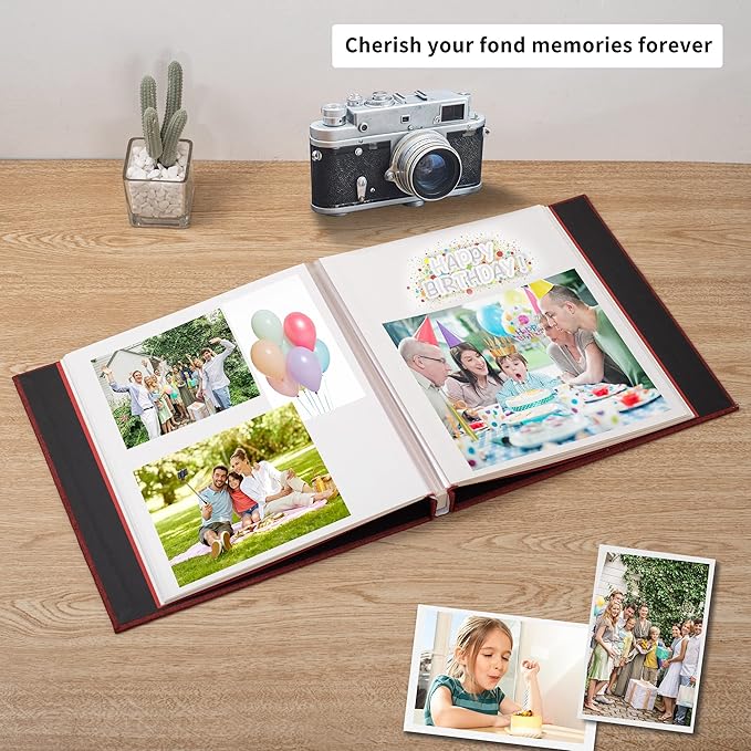 Large Photo Album Self Adhesive 4x6 5x7 6x8 8x10 Pictures Scrapbook Magnetic Album DIY Scrap Book 60 Sticky Pages Linen Cover DIY Photo Album with A Metallic Pen and DIY Accessories(Red)