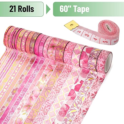 Mr. Pen- Washi Tape Set, 21 Rolls, Floral Pink, Decorative Tape with Measure Tape, Scrapbook Washi Tape for Journaling, Craft Tape, Mother's Day