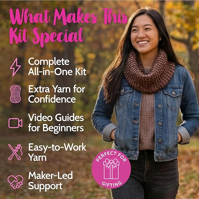 KnitPal Crochet Weekend Wrap Kit for Confident Beginners – All-in-One Crochet Kit with Cotton Blend Yarn, Hook, Pattern & Video Tutorials (Caramel Brown)
