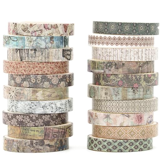 20 Rolls Skinny Vintage Washi Tape Set Retro Arts Adhesive Tapes Basic Patterns Decorative Masking Tape Sets for Craft, Kids, Scrapbook, DIY, Gift Wrapping (Ephemeral Blossoms)