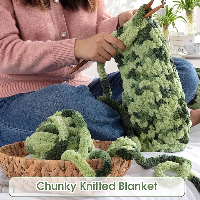 HOMBYS Chunky Tie Dye Mix Chenille Yarn for Hand Knitting, Super Bulky Jumbo Yarn for Crocheting, 3/4" Thick Soft Plush Yarn for Blankets, 8 Skein Pack (26 yds / 7.5 oz Each) Dark Green Sage