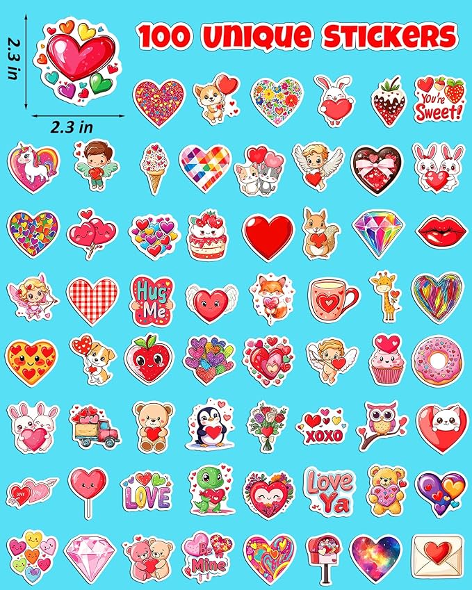 100pcs valentines stickers for kids, bulk heart stickers for valentines day gifts for kids classroom school exchange, vinyl decals, crafts, party favors, goodie bags decorations