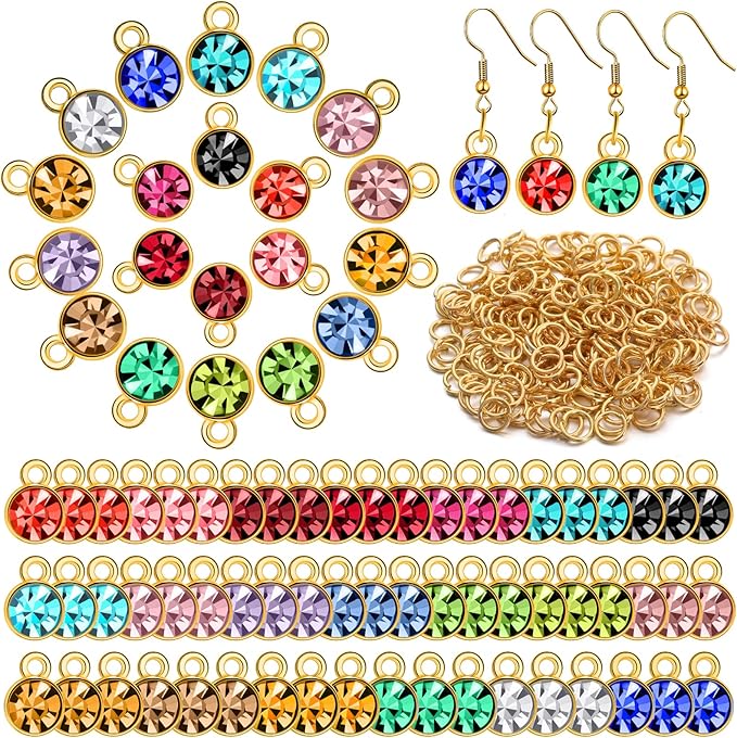 80 Pieces Crystal Birthstone Charms with 200 Jump Ring Handmade DIY Beads Pendant Mixed Color Birthstones for Jewelry Making Round Charms for Bracelets Necklaces Jewelry Findings (Bright Color)