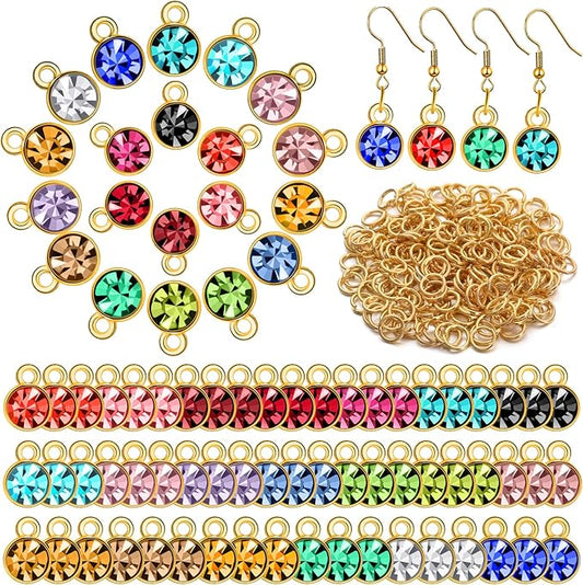 80 Pieces Crystal Birthstone Charms with 200 Jump Ring Handmade DIY Beads Pendant Mixed Color Birthstones for Jewelry Making Round Charms for Bracelets Necklaces Jewelry Findings (Bright Color)