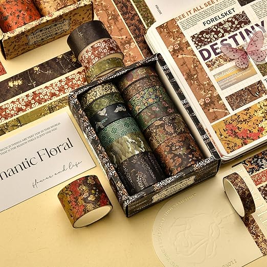 12 Rolls Chinoiserie Washi Tape Set Chinese Arts Adhesive Tapes Geometric Garden Decorative Masking Tape Sets for Craft, Kids, Scrapbook, DIY, Gift Wrapping (Almond Blossom Ridge)