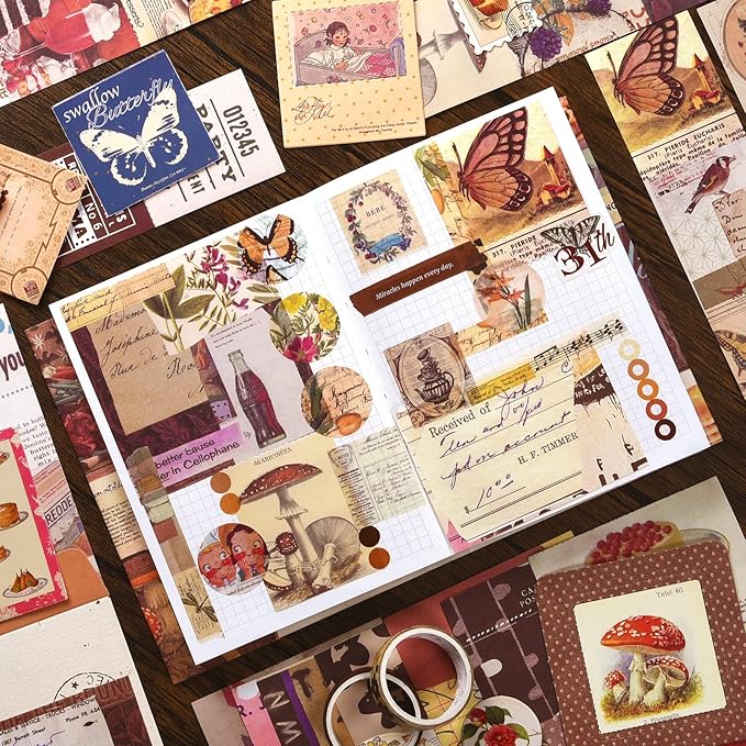 scrapbook supplies kit, vintage junk journaling supplies, scrapbooking kit with aesthetic ephemera stickers, stationary set, bullet journaling kit, collage craft supplies gift for adults women starter