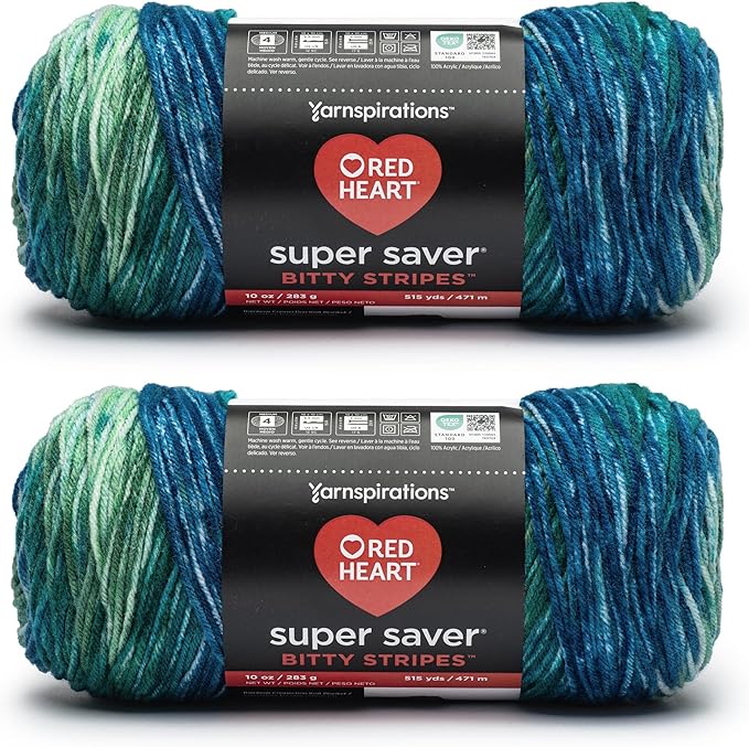 Red Heart Super Saver Bitty Stripes Seaweed Yarn - 2 Pack of 283g/10oz - 100% Acrylic - #4 Worsted (Medium) - 515 Yards - Knitting/Crochet