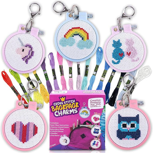 CRAFTILOO Cross Stitch Kit for Kids - 5 Easy Stamped Cross Stitch Kits for Beginners | Embroidery Kit for Girls Ages 7-13 | Needlepoint Craft Set, Backpack Charms & Keychains