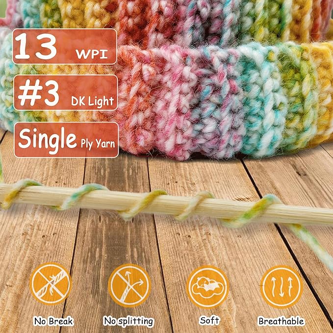 2 Pack Wool Blend Yarn, 2x3.5oz / 285yds, #3 DK, 20% Wool 80% Acrylic, Variegated, Single-Ply Soft Crochet & Knitting Wool Yarn for Sweaters, Scarves, Hats (Rainbow)