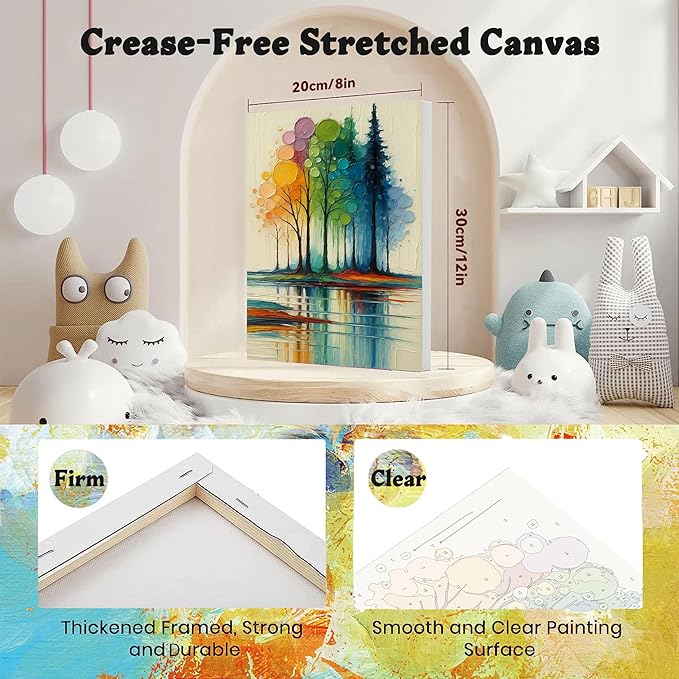 Rainbow Trees Paint by Numbers for Adults with Framed Canvas - with Wooden Easel, Tree Paint by Number for Beginners, DIY Easy Acrylic Oil Painting on Canvas with Brushes for Home Wall Decor 8x12 inch