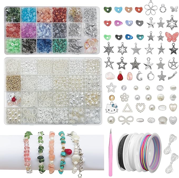 Bracelet Making Kit,1500 Pcs Beads Supplies Kits Fake Pearl Bead Crystal Beads Shell Turquoise Golden Beading Kits for Bracelets,Necklace,Ring DIY Crafts with Star Butterfly Bow Pendant for Age 16+