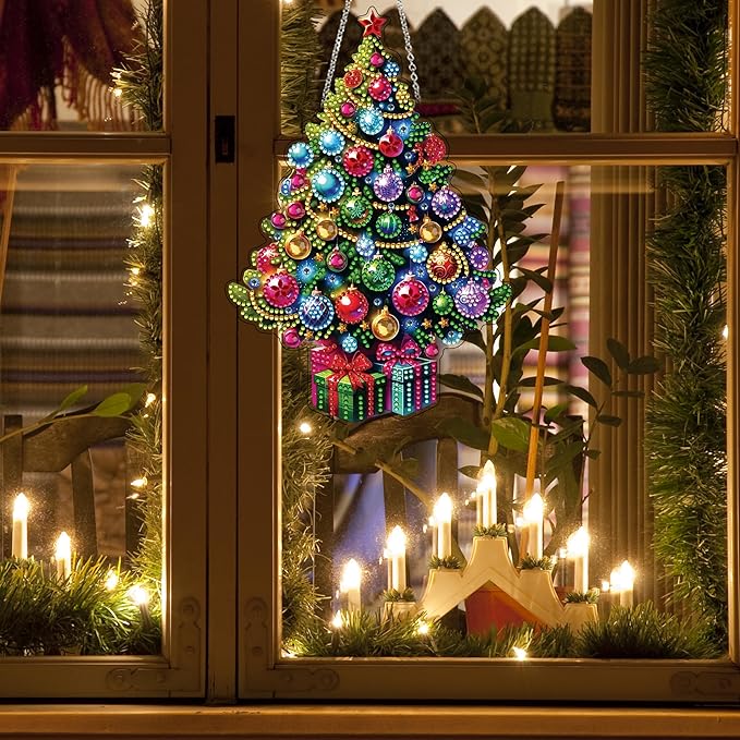JJFox Diamond Art Hanging Kit for Adult,Special Shaped Rhinestone,Double Sided DIY Acrylic Diamond Art Painting Window Pendants Home Garden Wall Hanging Kits Hanging Ornament (Christmas Tree)