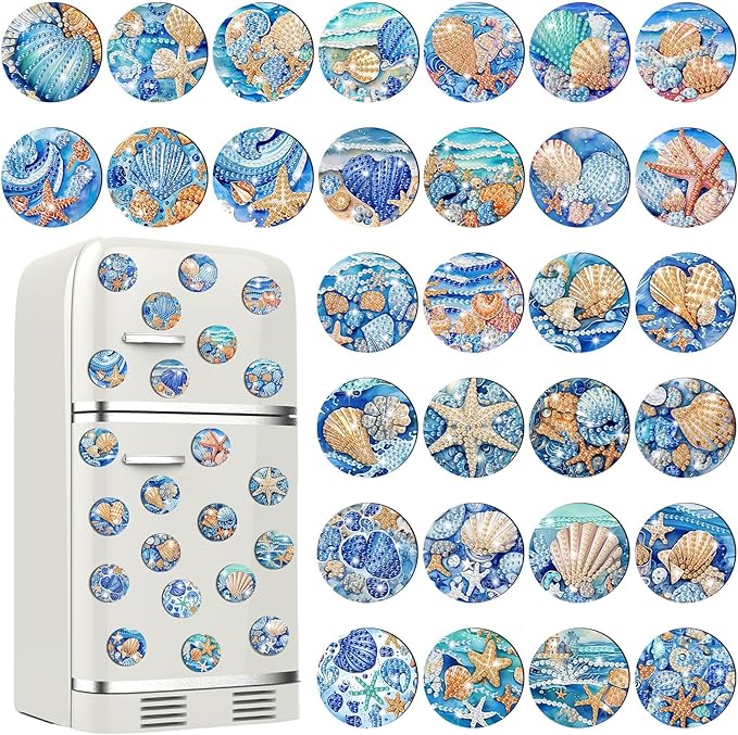 30 Pcs Magnetic Diamond Art Painting Ocean Magnets Blue Fridge Diamond Art Painting Kits Sticker Magnet DIY Craft for Adult Beginner Souvenir Gift Office Home Decor