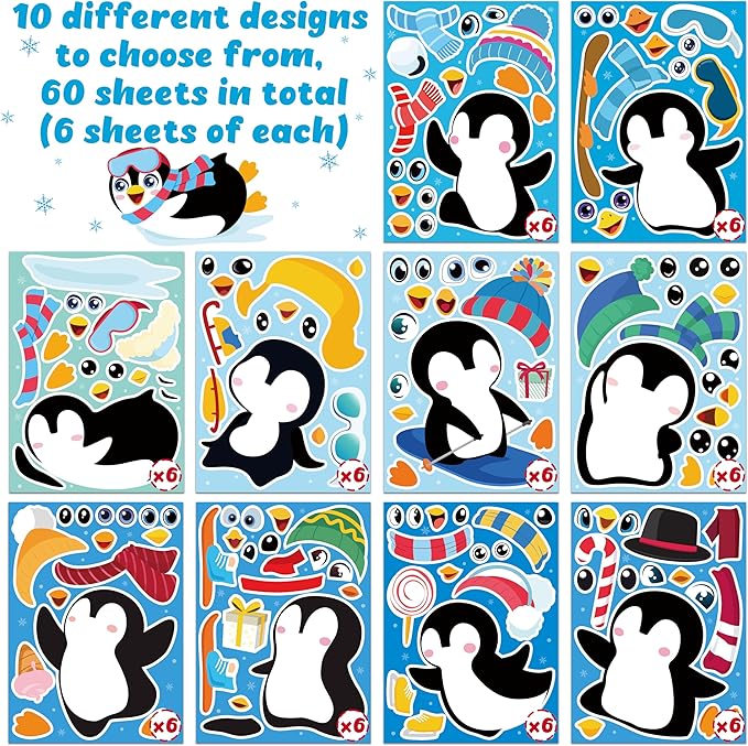 60sheets winter stickers crafts for kids - make-a-penguin face sticker- holiday gifts christmas goodie bag stuffer school classroom activity games party favors (small size)