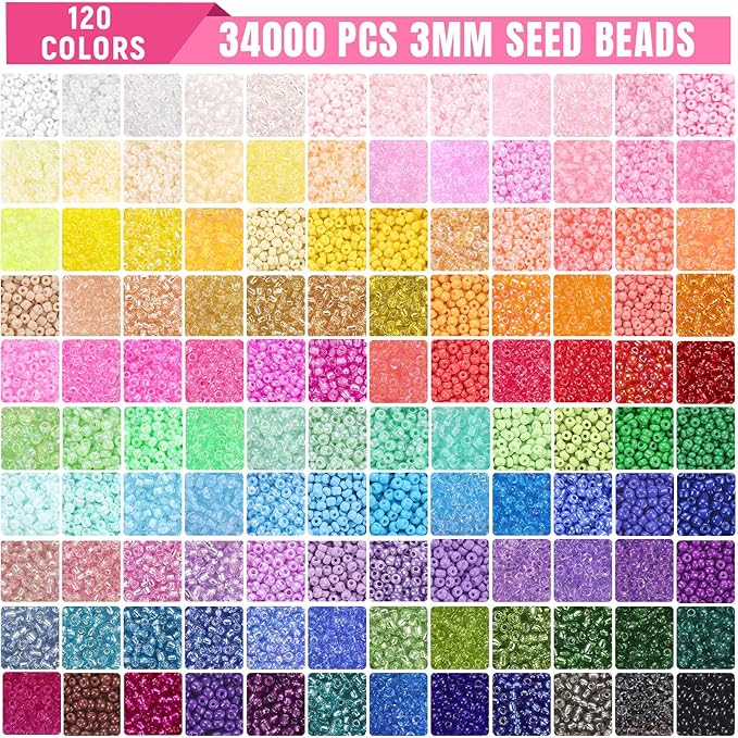 Funtopia 34000pcs+ 3mm Seed Beads for Jewelry Making, 5 Types 120 Colors Small Glass Beads for Bracelets, Friendship Bracelet Kit with Alphabet Letter Beads Smile Face Beads for DIY, Art and Craft