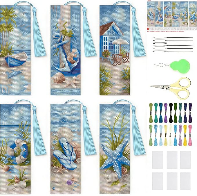 NEGEKFKX 6 Pcs Beach Cross Stitch Bookmark Kit for Adult Beginners,Flowers Cross Stitch Kits 14 CT DIY Crossstitch Kits Adult Stamped Bookmark Embroidery Bookmarks Kit