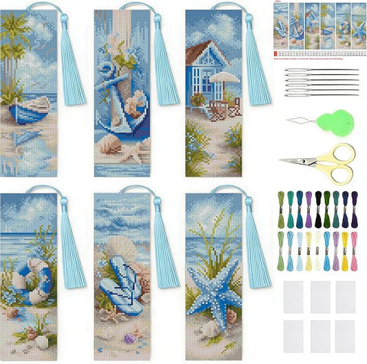 NEGEKFKX 6 Pcs Beach Cross Stitch Bookmark Kit for Adult Beginners,Flowers Cross Stitch Kits 14 CT DIY Crossstitch Kits Adult Stamped Bookmark Embroidery Bookmarks Kit