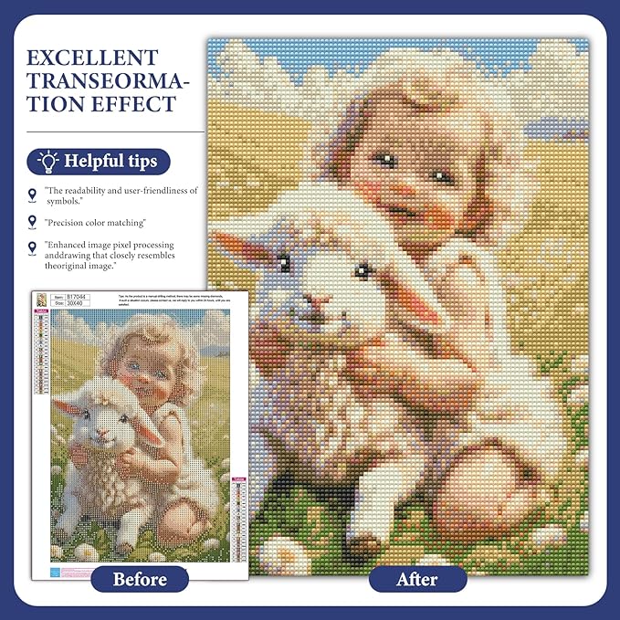 Fountor Sheep Diamond Art Kits for Adults, Cute Girl Diamond Painting Kits for Adults Beginners, DIY 5D Animal Diamond Painting with Round Gem Art Kits for Gift Home Wall Decor 12x16 Inch