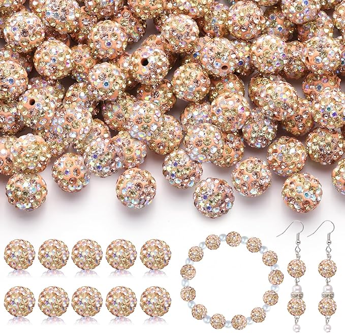 200pcs 10mm rhinestone beads for jewelry making, light peach ab shiny round disco beads bulk, sparkle crystal clay christmas for bracelet baseball necklace earring crafting and diy