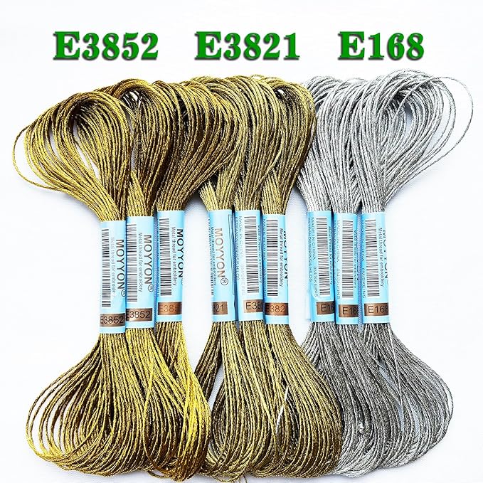 9 Skeins Embroidery Thread, 3 Colors Metallic Embroidery Floss Set, Polyester Cross-Stitch Threads for Hand Embroidery, String Art（Dark Gold，Light Gold,Sliver）