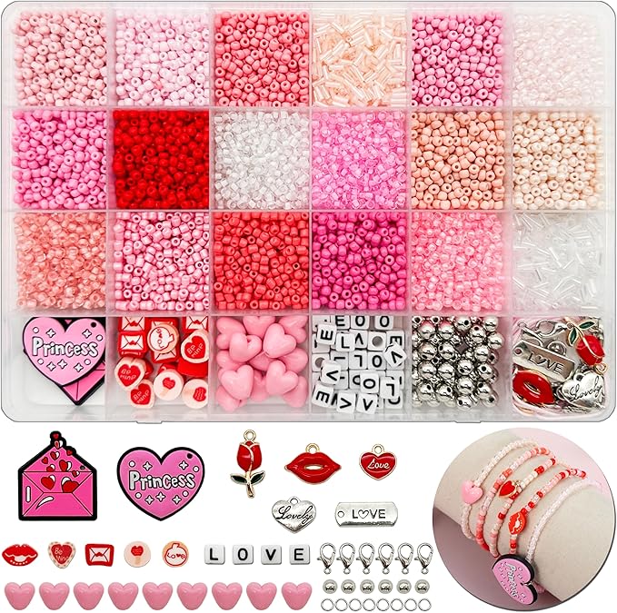 24 Grids Pink Colored Glass Seed Beads Kit for DIY Jewelry Making - Handmade Craft for Friendship Bracelet Necklace, with Heart Pendant, Letter Beads and Elastic line