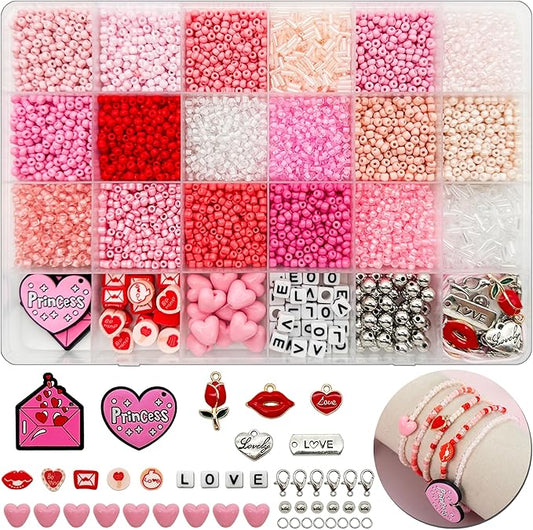 24 Grids Pink Colored Glass Seed Beads Kit for DIY Jewelry Making - Handmade Craft for Friendship Bracelet Necklace, with Heart Pendant, Letter Beads and Elastic line