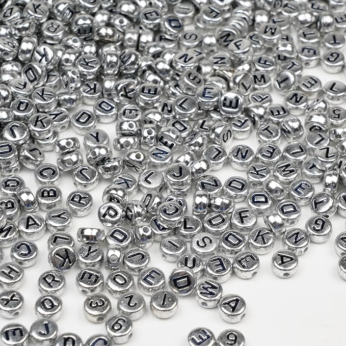 1450Pcs Silver Acrylic 4x7mm Round Letter Beads Kits Alphabet A-Z (Extra for Vowel Letter) and Number Beads for Bracelets Necklaces Jewelry Making (Silver, 4x7mm)
