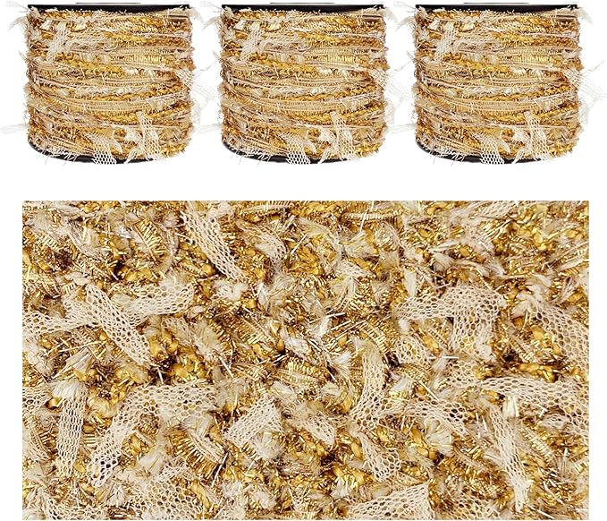 Artisanal Yarn Collection Multifiber Fancy Yarn with Golden Shimmering Threads for Knitting Crocheting Crafts DIY, Set of 3 Rolls (Royal Gold)