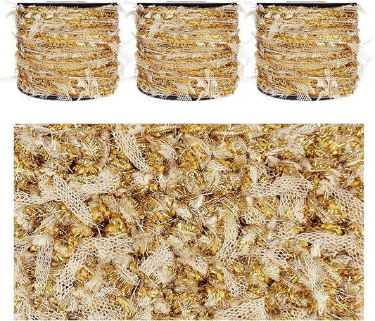 Artisanal Yarn Collection Multifiber Fancy Yarn with Golden Shimmering Threads for Knitting Crocheting Crafts DIY, Set of 3 Rolls (Royal Gold)