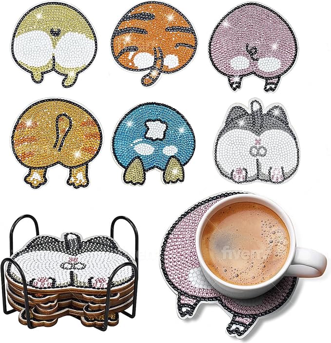 6 pcs Diamond Painting Coasters | Diamond Art Coasters | Animal Butt Diamond Art Painting | Perfect Art Craft Gift for Animal Lover, Dad, Mom, Grandparents, Brother, Sister.