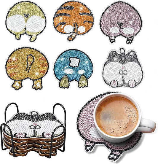 6 pcs Diamond Painting Coasters | Diamond Art Coasters | Animal Butt Diamond Art Painting | Perfect Art Craft Gift for Animal Lover, Dad, Mom, Grandparents, Brother, Sister.