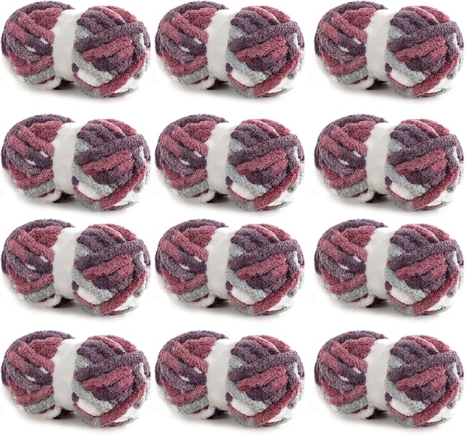 HOMBYS Chunky Tie Dye Mix Chenille Yarn for Hand Knitting, Super Bulky Jumbo Yarn for Crocheting, 3/4" Thick Soft Plush Yarn for Blankets, 12 Skein Pack (26 yds / 7.5 oz Each) Red Purple