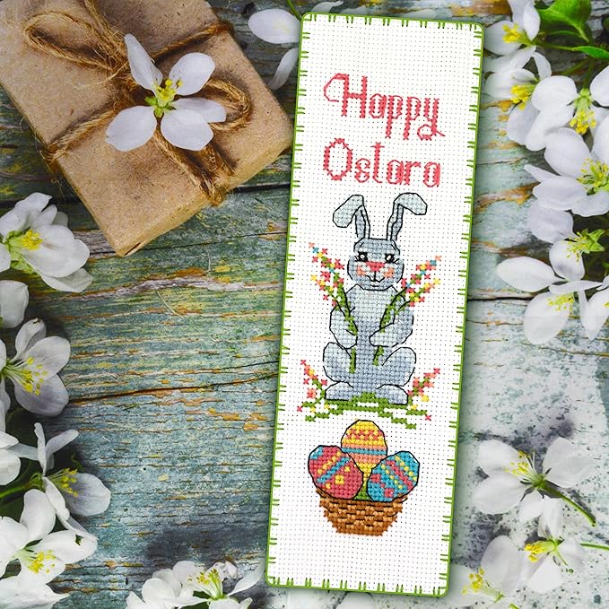 Povitrulya Cross Stitch Bookmark Kit Wheel of The Year: Ostara – Counted DIY Embroidery Set for Adults & Beginners, Bunny Easter Spring Equinox Pagan Wiccan Floral Gift