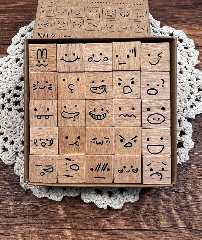 25pcs Mood Expression Wooden Rubber Stamps Kit, Cute Small Emoticon Theme Stamps for Decorative Diary Planner DIY Craft Scrapbook Card Making Letters Journal