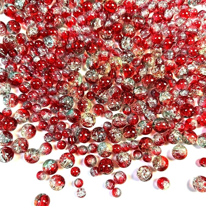 Glass Beads for Jewelry Making, 315Pcs Crackle Round 6/8/10mm Crystal Beads for Bracelet Craft Necklace Earring Making Wine Charms Wind Chimes, Red with Light Green Color