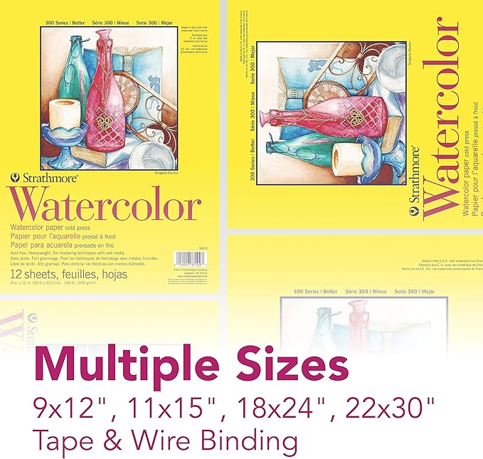 Strathmore 300 Series Watercolor Paper Pad, Tape Bound, 9x12 inches, 12 Sheets (140lb/300g) - Artist Paper for Adults and Students - Watercolors, Mixed Media, Markers and Art Journaling