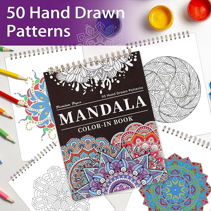 Mandala Coloring Book for Adults - 9" x 12" Coloring Book Spiral Bound, 50 Hand Drawn Mandalas Patterns for Relaxation & Stress Relief, Mindfulness Gifts
