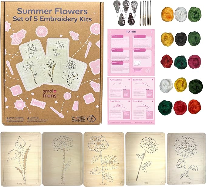 Wooden Flower Lacing Embroidery Kits for Beginners, Set of 5 Learn-to-Stitch Craft Boards, Sewing & Embroidery Art Kits for Kids Ages 8+, DIY Craft Projects, Educational Gifts, Party Favors (Summer)
