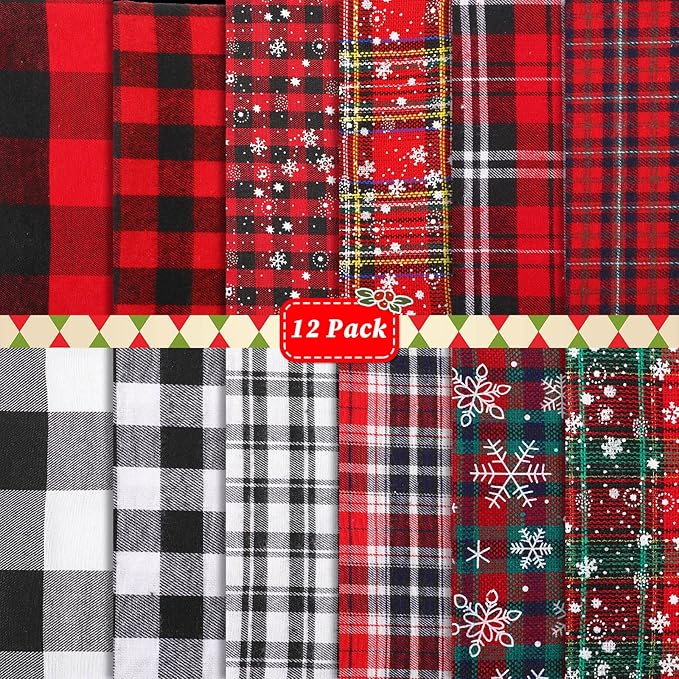 Tatuo 12 Pieces Christmas Fat Fabric Bundles Buffalo Plaid Fat Quarters Cotton Fabric Square Bundles 19.5 x 15.7 Inch Charm Yarn-Dyed Checked Quilting for DIY Crafting Sewing(Sweet Style)