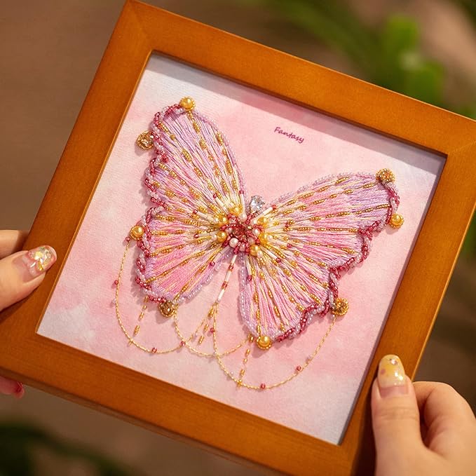 Craftreasure Embroidery Kit for Adults, Butterfly Needle Point Kits Adults Beginner Include Embroidery Beads Threads for Craft Lover Hand Stitch with Embroidery Skill Technique (Purple-Intermediate)