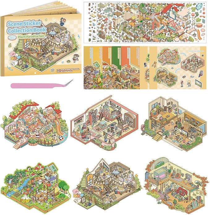 Sticker Book, 6 Sets DIY 3D House Stickers, Fun DIY Stickers Scene Make Your Own Mini House Cute Cartoon Animal Scene Sticker for Kids Adult Sticker Art Relief Stress Pass The Time