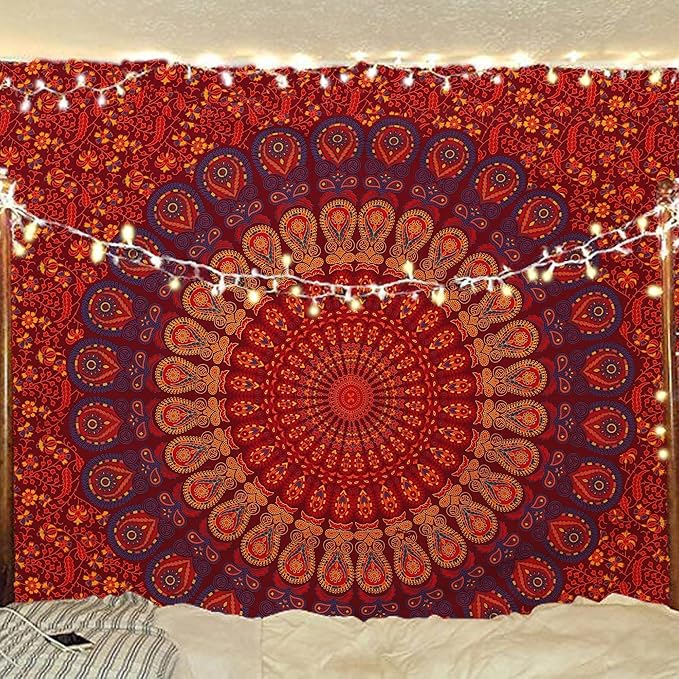 bless international indian hippie bohemian psychedelic golden blue peacock mandala wall hanging bedding tapestry (golden brown maroon, medium (54x60inches)(137x152cms))