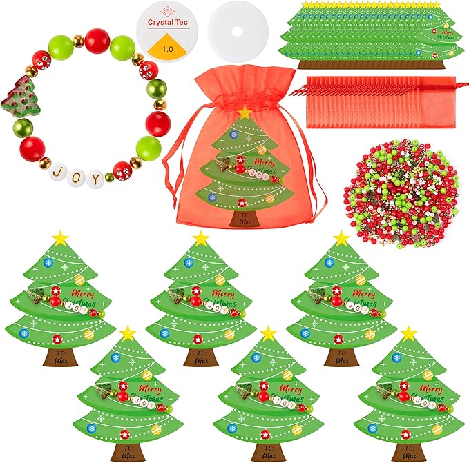 BeYumi Christmas Bracelet Craft Kit - 24 Pack Xmas DIY Joy Letter Beads Friendship Bracelets with Christmas Tree Gift Cards Xmas Craft Kits Party School Classroom Fun Activities